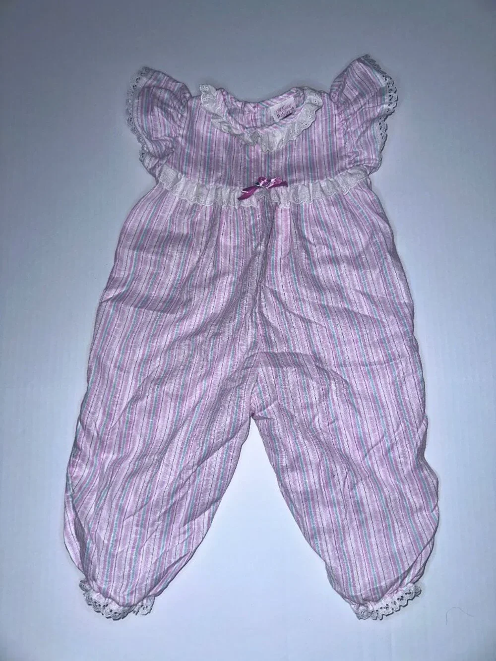 VTG Baby Girls Pink Striped Eyelet Lace ALLISON ANN Jumpsuit Romper 12m